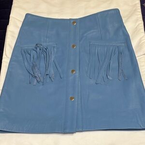 Chic Blue Leather Mini Skirt with Fringe